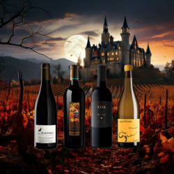 Paysage de vignes d’automne avec un château éclairé par la lune et quatre bouteilles de vin – Les Sorcières, Black Magic, The New Black Wine et Macérat du Grand Verdus.