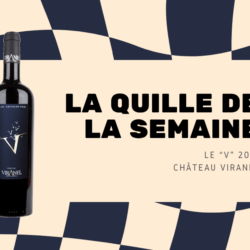 Bouteille de vin rouge V de Viranel 2017, cuvée haut de gamme du domaine Viranel à Saint-Chinian, assemblage de syrah et grenache noir.