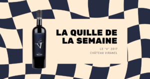 Bouteille de vin rouge V de Viranel 2017, cuvée haut de gamme du domaine Viranel à Saint-Chinian, assemblage de syrah et grenache noir.