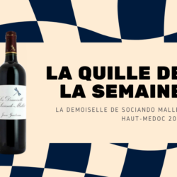 Bouteille de La Demoiselle de Sociando-Mallet 2018 sur visuel graphique bleu et beige pour la rubrique La Quille de la Semaine.