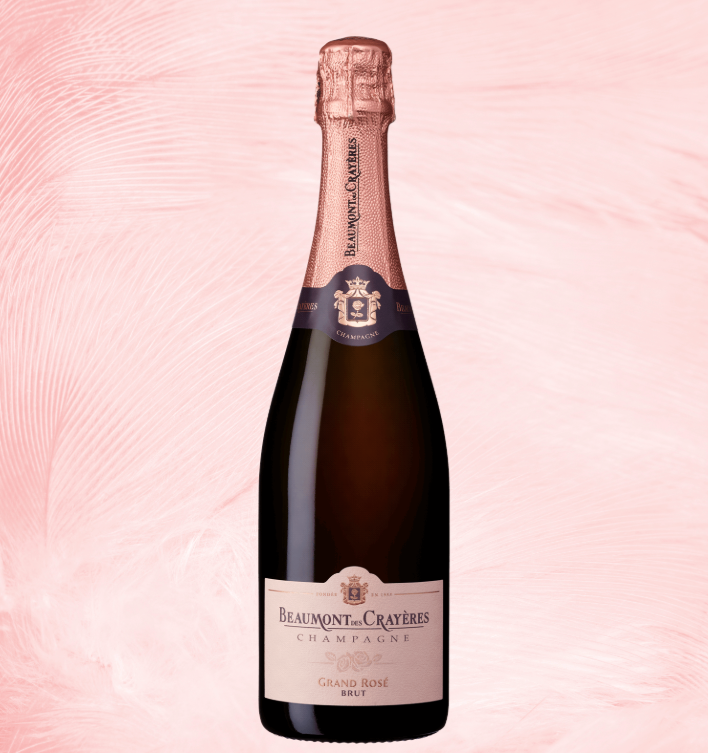 Bouteille de champagne Grand Rosé Brut Beaumont des Crayères, rosé généreux et festif, idéal pour les grandes tablées de Noël.