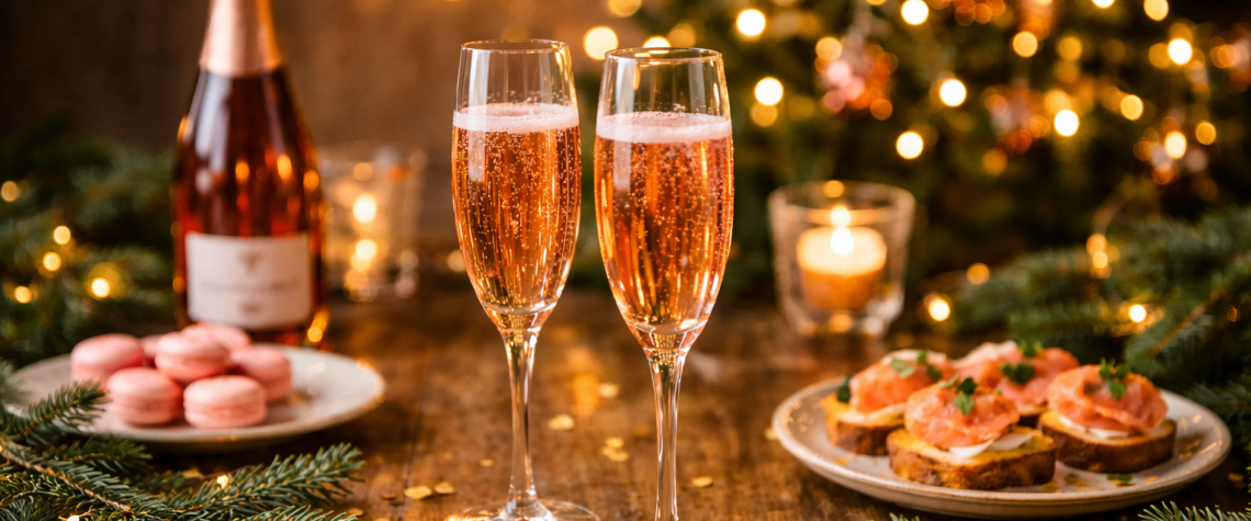 Bulles rosées servies pour les fêtes, flûtes de champagne rosé sur une table festive, ambiance chaleureuse et conviviale de fin d’année.