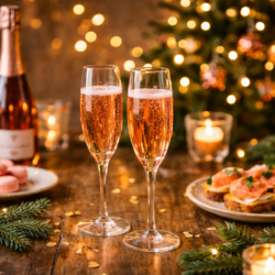 Bulles rosées servies pour les fêtes, flûtes de champagne rosé sur une table festive, ambiance chaleureuse et conviviale de fin d’année.