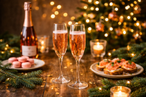 Bulles rosées servies pour les fêtes, flûtes de champagne rosé sur une table festive, ambiance chaleureuse et conviviale de fin d’année.