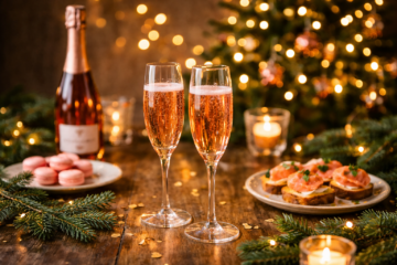 Bulles rosées servies pour les fêtes, flûtes de champagne rosé sur une table festive, ambiance chaleureuse et conviviale de fin d’année.