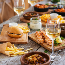 Table conviviale avec plats du quotidien (burger, frites, crevettes) et verres de vin blanc, illustrant des accords mets-vins simples et accessibles.