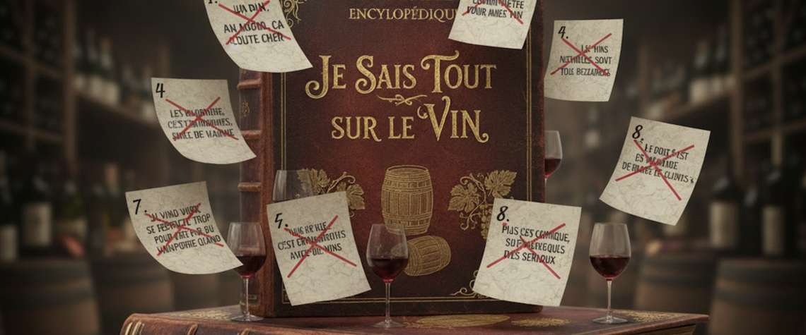 Illustration d’un livre intitulé « Je sais tout sur le vin » entouré de mythes barrés, symbolisant les idées reçues et fausses croyances sur le vin