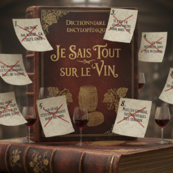 Illustration d’un livre intitulé « Je sais tout sur le vin » entouré de mythes barrés, symbolisant les idées reçues et fausses croyances sur le vin