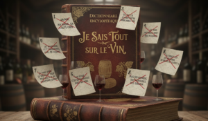 Illustration d’un livre intitulé « Je sais tout sur le vin » entouré de mythes barrés, symbolisant les idées reçues et fausses croyances sur le vin