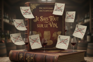 Illustration d’un livre intitulé « Je sais tout sur le vin » entouré de mythes barrés, symbolisant les idées reçues et fausses croyances sur le vin