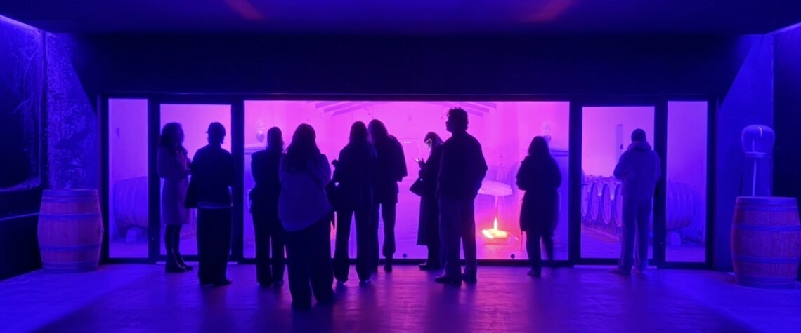 Visiteurs devant le chai à barriques illuminé de violet au Château Lamothe-Bergeron pendant les Portes Ouvertes du Médoc