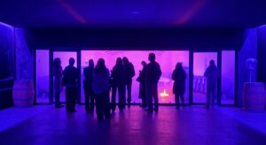 Visiteurs devant le chai à barriques illuminé de violet au Château Lamothe-Bergeron pendant les Portes Ouvertes du Médoc