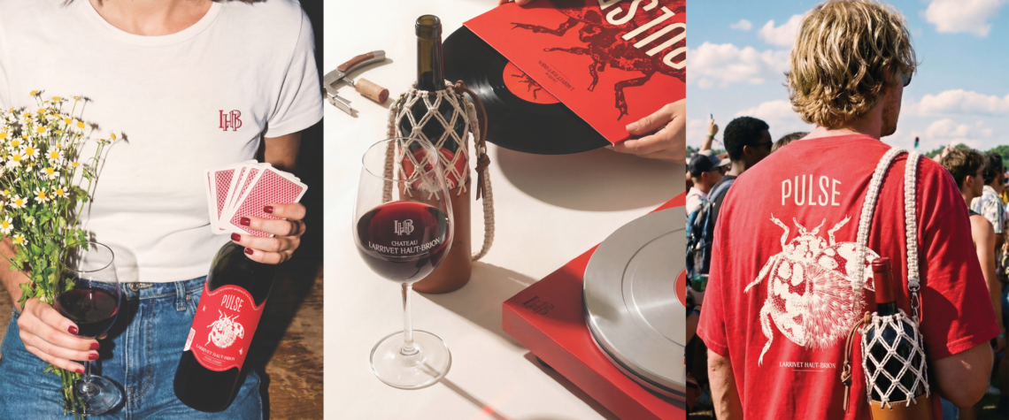 Bouteille de vin PULSE du Château Larrivet-Haut-Brion avec pochette bandoulière et univers musical pour la génération Z