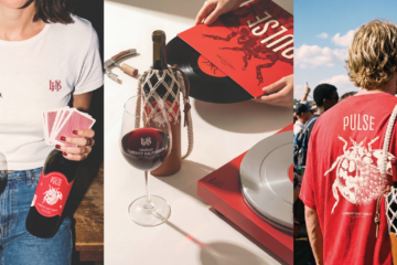 Bouteille de vin PULSE du Château Larrivet-Haut-Brion avec pochette bandoulière et univers musical pour la génération Z