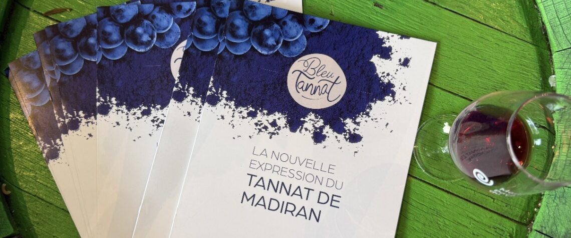 Dossier Bleu Tannat Madiran posé sur table en bois vert avec verre de vin rouge lors d’une dégustation