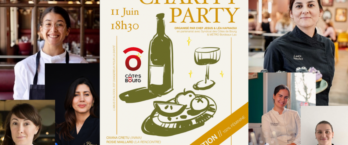 Affiche de la Charity Party 2026 à Bordeaux avec les cheffes bordelaises participantes et les vigneronnes des Côtes de Bourg au profit de la Maison RoseUp.