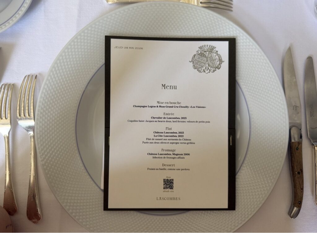 Menu de l'Expérience Château Lascombes présenté lors d'un déjeuner accords mets et vins au cœur du domaine à Margaux.