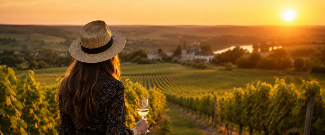 Charlotte de dos face aux vignes au coucher du soleil lors d'une visite de domaine viticole.