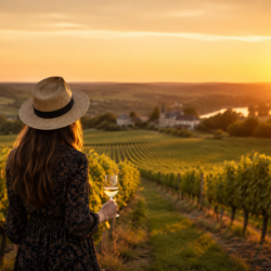 Charlotte de dos face aux vignes au coucher du soleil lors d'une visite de domaine viticole.