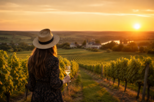 Charlotte de dos face aux vignes au coucher du soleil lors d'une visite de domaine viticole.