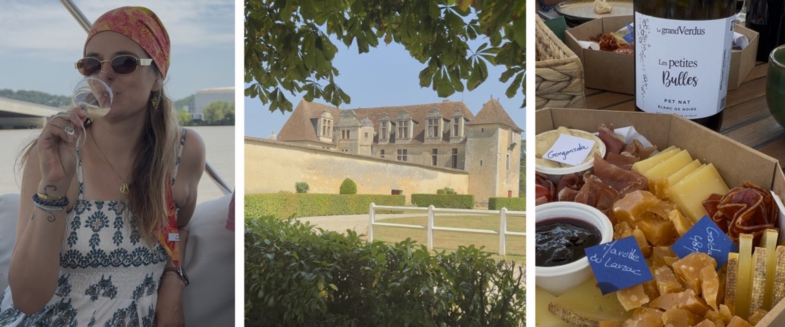 Expérience œnotouristique à Bordeaux : dégustation des Petites Bulles du Château Le Grand Verdus à bord de La Garonnaise, visite du château et apéritif de produits locaux sur la Garonne.