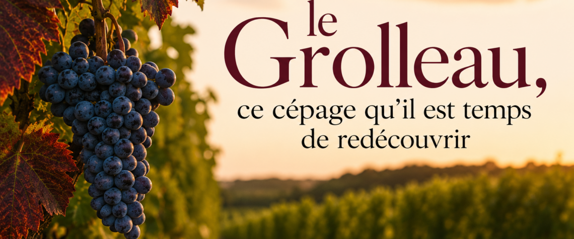 Grappe de Grolleau dans les vignes du Val de Loire au coucher du soleil, illustrant l'article "Le Grolleau, ce cépage qu'il est temps de redécouvrir".