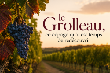 Grappe de Grolleau dans les vignes du Val de Loire au coucher du soleil, illustrant l'article "Le Grolleau, ce cépage qu'il est temps de redécouvrir".