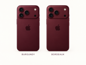 Deux smartphones de même couleur rouge sombre, présentée comme Burgundy en anglais et bordeaux en français