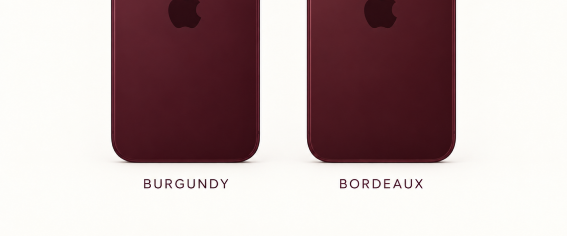 Deux smartphones de même couleur rouge sombre, présentée comme Burgundy en anglais et bordeaux en français