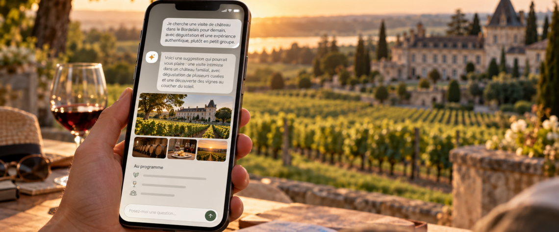 Un visiteur utilise une intelligence artificielle sur son smartphone pour rechercher une visite de château dans le vignoble bordelais.