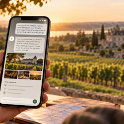 Un visiteur utilise une intelligence artificielle sur son smartphone pour rechercher une visite de château dans le vignoble bordelais.