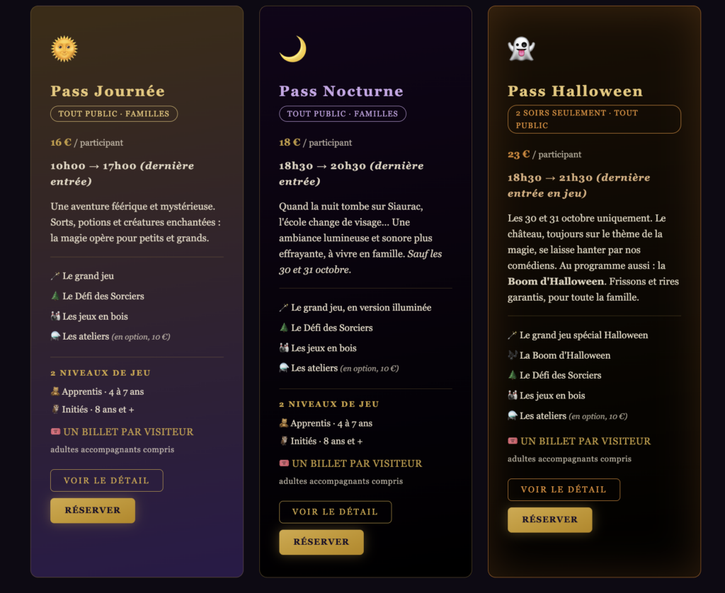 Comparatif des trois pass du Château Magique de Bordeaux 2026 : Journée à 16 €, Nocturne à 18 € et Halloween à 23 €, avec horaires et activités incluses.